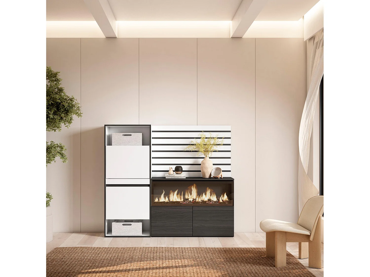 Zapatero, 167x35x145cm, Dormitorio, habitación, Chimenea eléctrica XXL, Listones Decorativos, Blanco