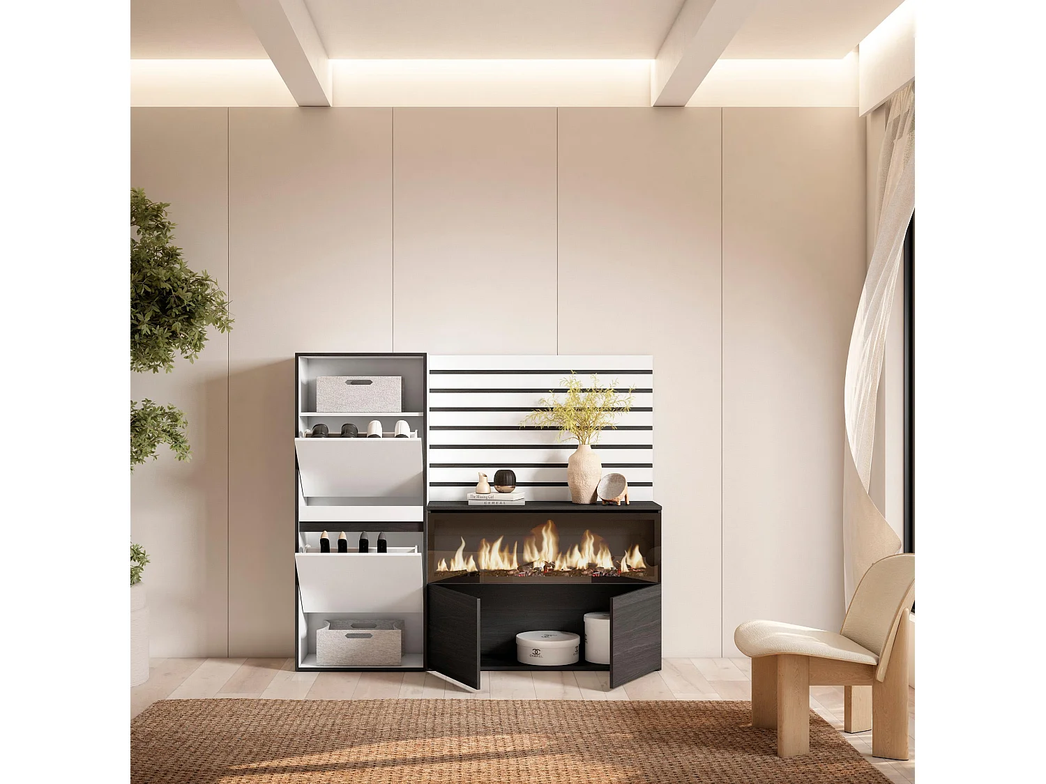 Zapatero, 167x35x145cm, Dormitorio, habitación, Chimenea eléctrica XXL, Listones Decorativos, Blanco