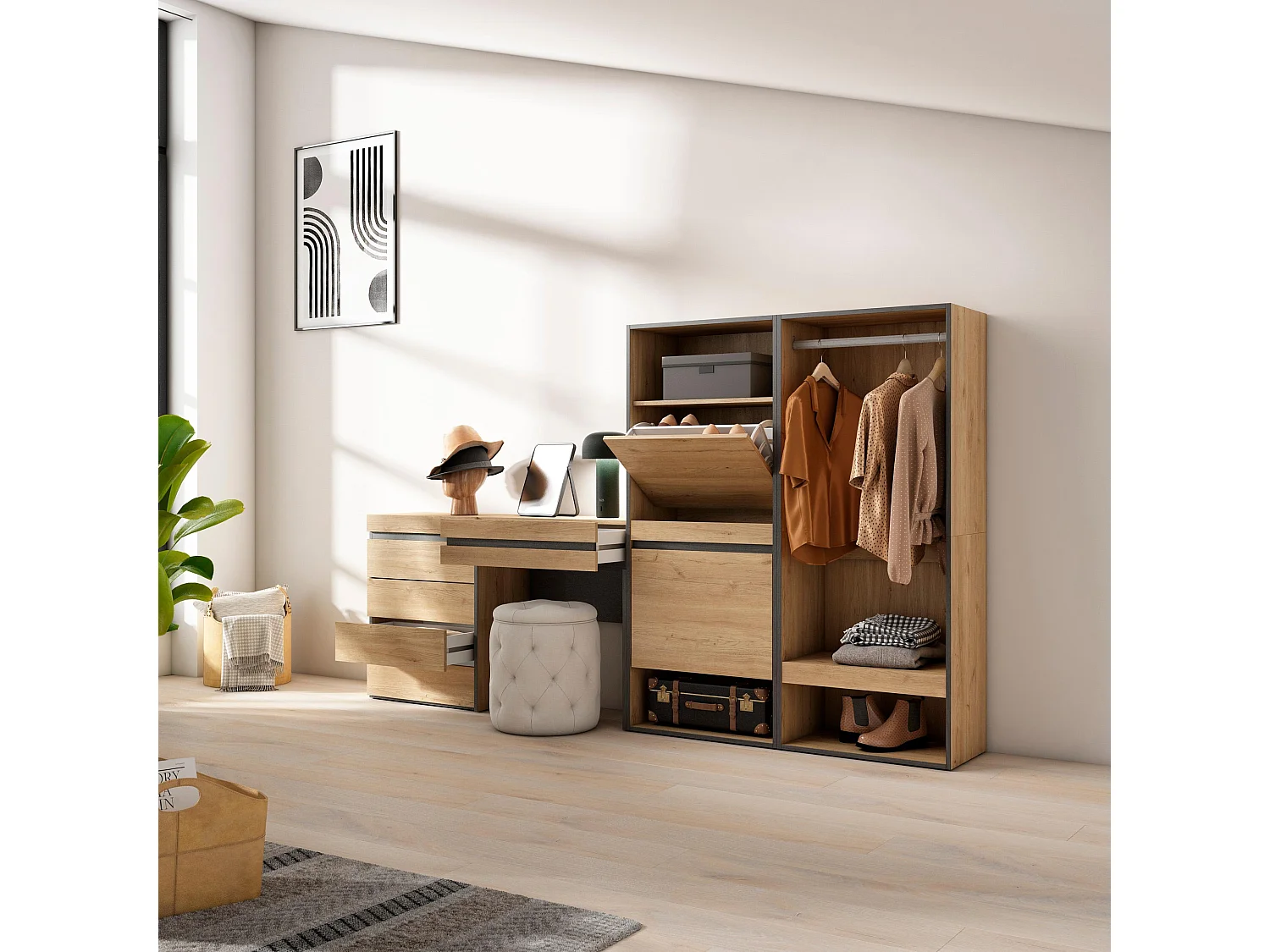 Meuble à Chaussures, 247x35x145 cm, Chambre à coucher, pièce, Vestiaire ouvert, Commode, Buffet, Coiffeuse, Chêne