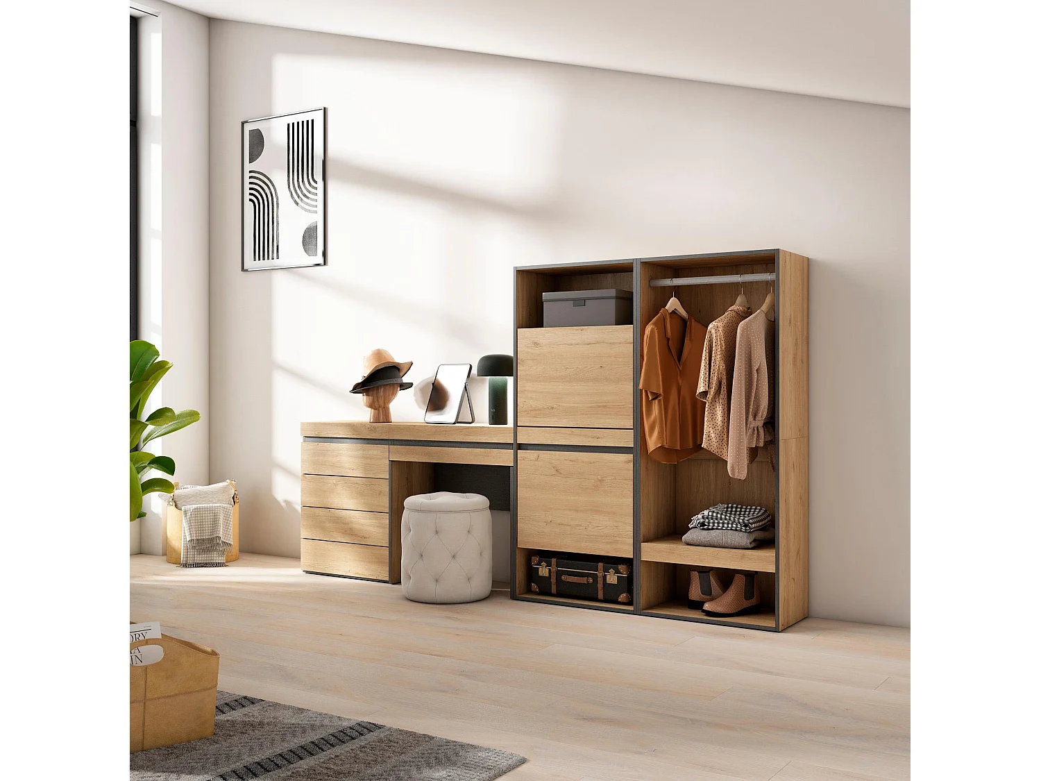 Meuble à Chaussures, 247x35x145cm, Chambre à coucher, pièce, Vestiaire ouvert, Commode, Buffet, Coiffeuse, Chêne