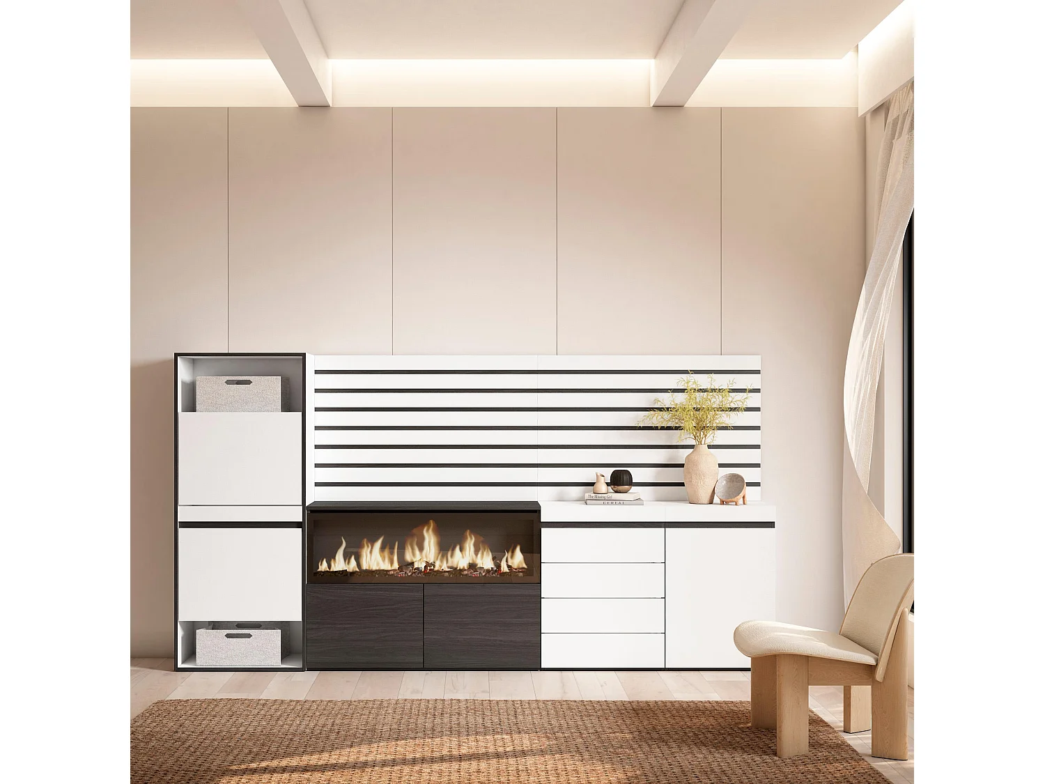 Schoenenkast, 274x35x145cm, Voor slaapkamer, kamer, Elektrische haard XXL, Ladekast, Commode, Lamellenwand Hout, Wit