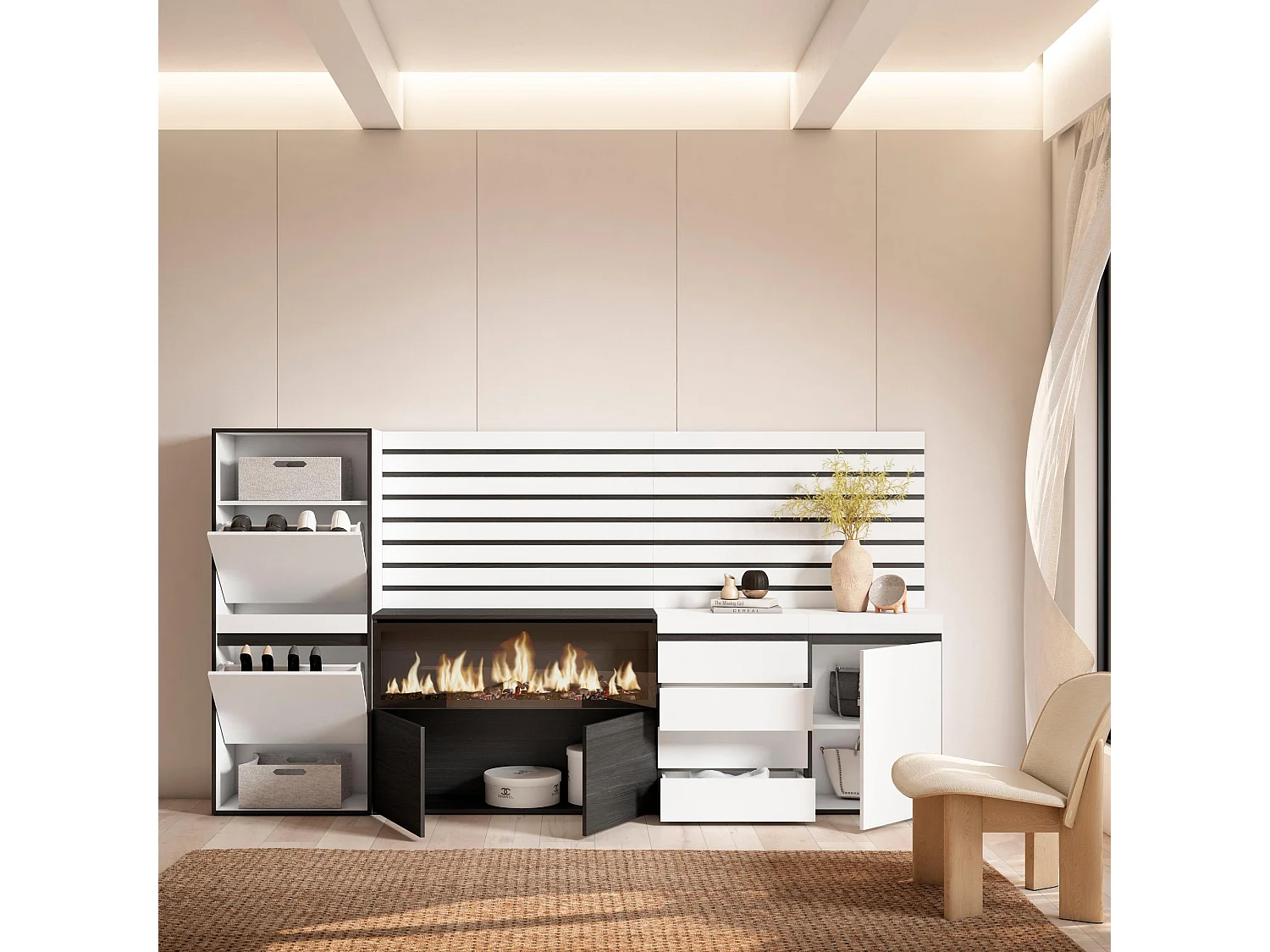 Schoenenkast, 274x35x145cm, Voor slaapkamer, kamer, Elektrische haard XXL, Ladekast, Commode, Lamellenwand Hout, Wit