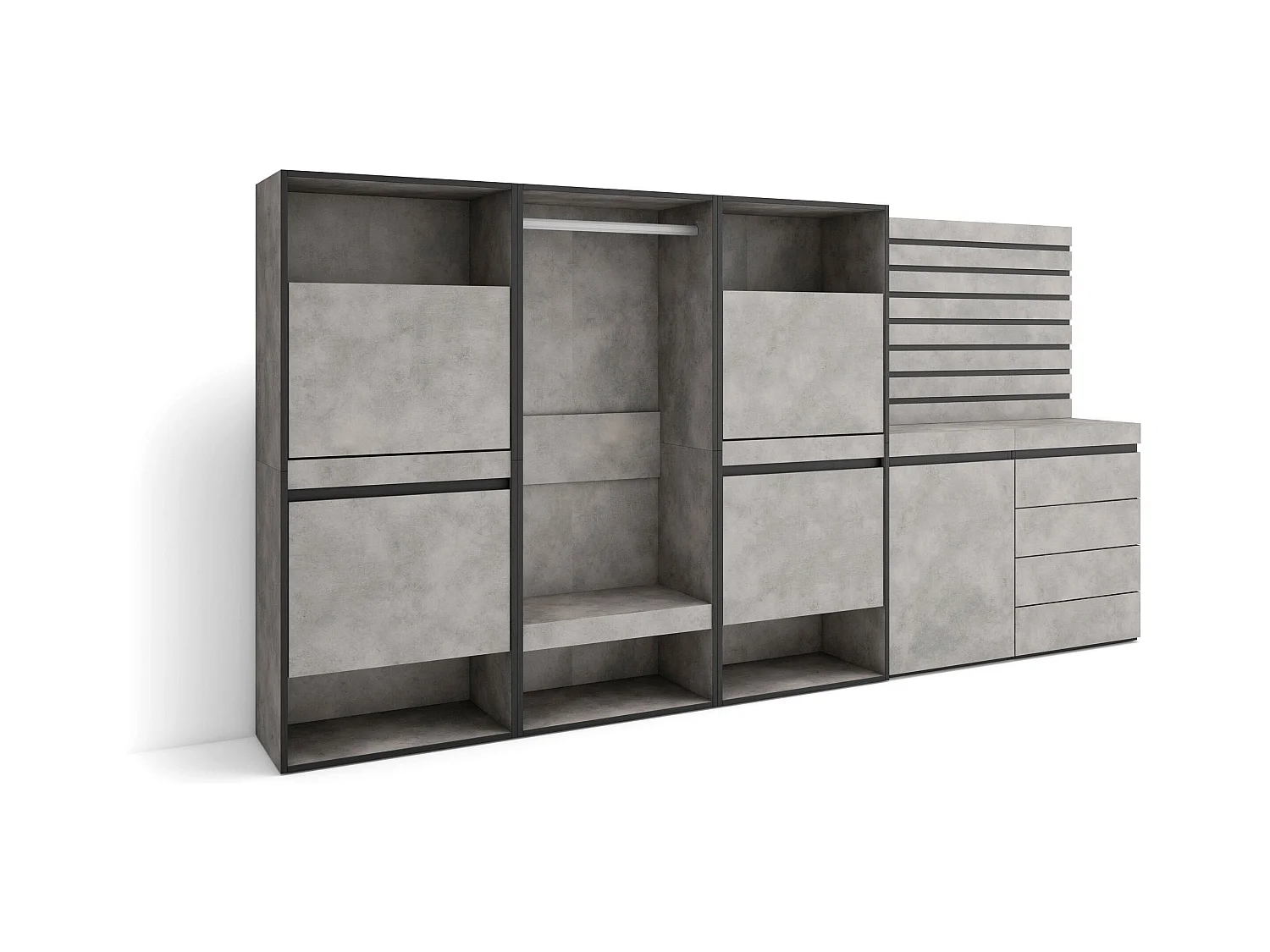 Meuble à Chaussures, 287x35x145 cm, Chambre à coucher, pièce, Vestiaire ouvert, Commode, Buffet, Panneaux Muraux en Bois, Ciment