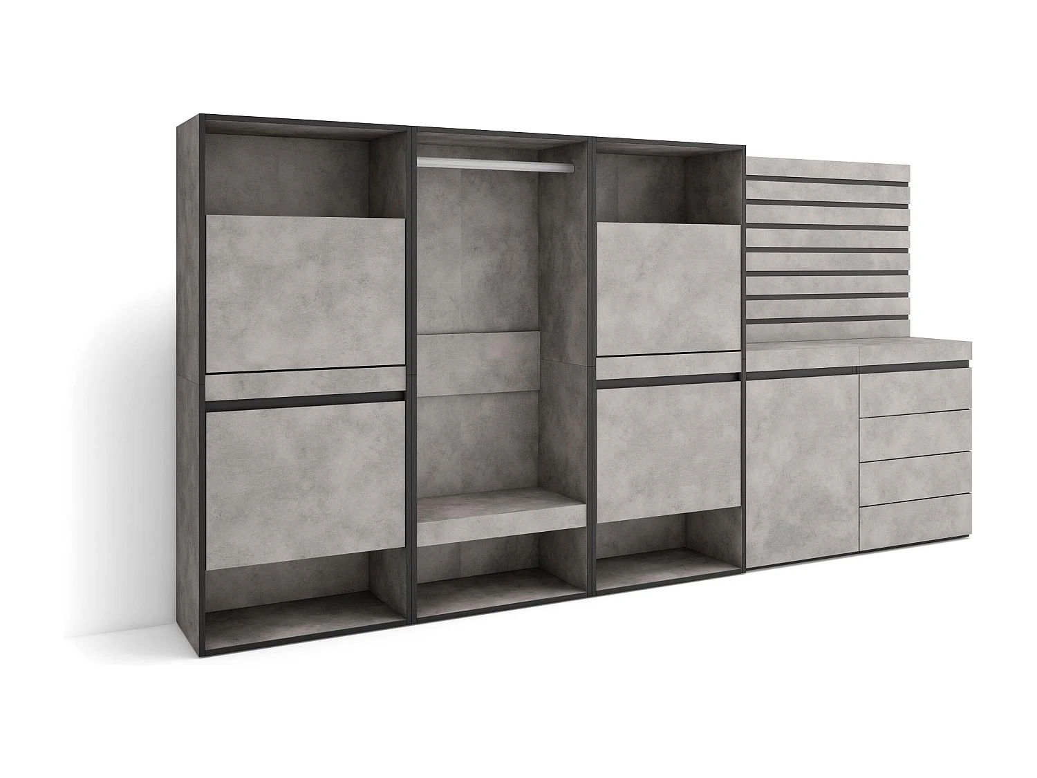 Meuble à Chaussures, 287x35x145 cm, Chambre à coucher, pièce, Vestiaire ouvert, Commode, Buffet, Panneaux Muraux en Bois, Ciment