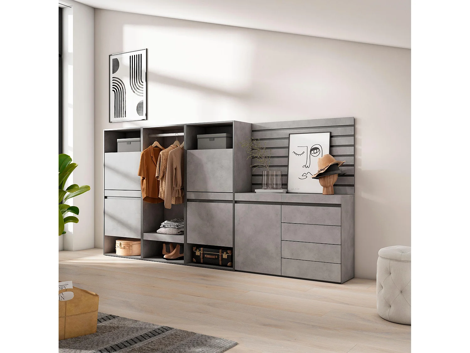 Meuble à Chaussures, 287x35x145cm, Chambre à coucher, pièce, Vestiaire ouvert, Commode, Buffet, Panneaux Muraux en Bois, Ciment