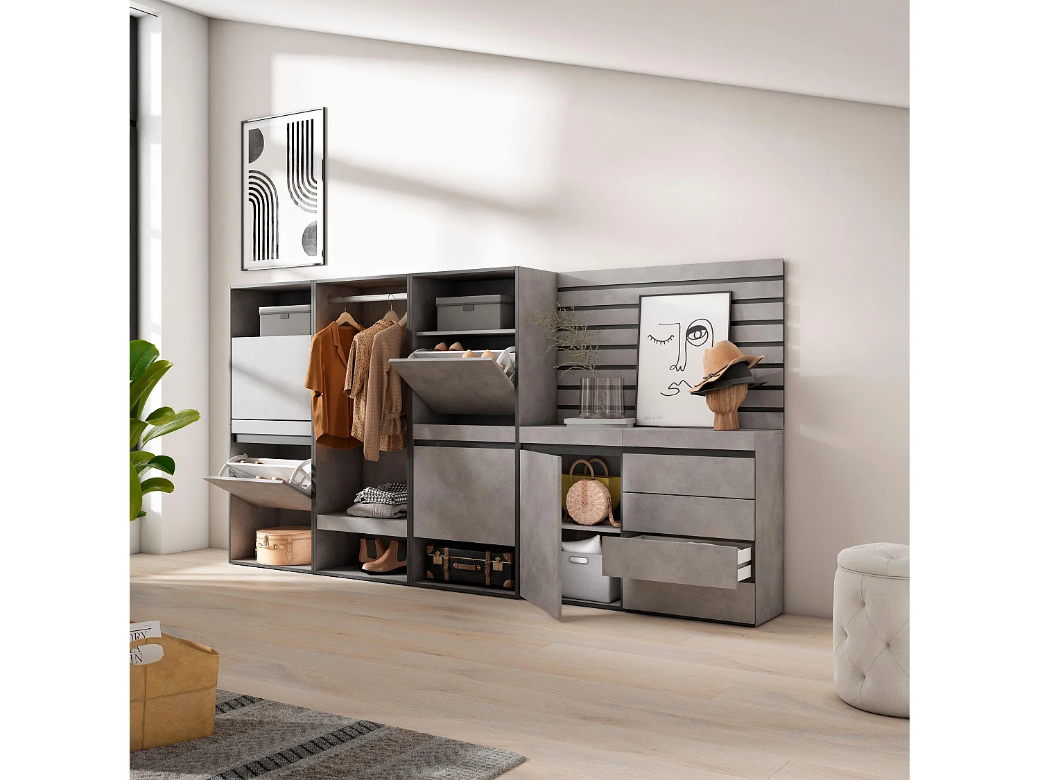 Meuble à Chaussures, 287x35x145cm, Chambre à coucher, pièce, Vestiaire ouvert, Commode, Buffet, Panneaux Muraux en Bois, Ciment