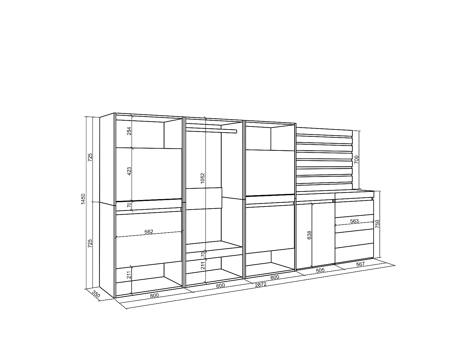 Meuble à Chaussures, 287x35x145cm, Chambre à coucher, pièce, Vestiaire ouvert, Commode, Buffet, Panneaux Muraux en Bois, Ciment