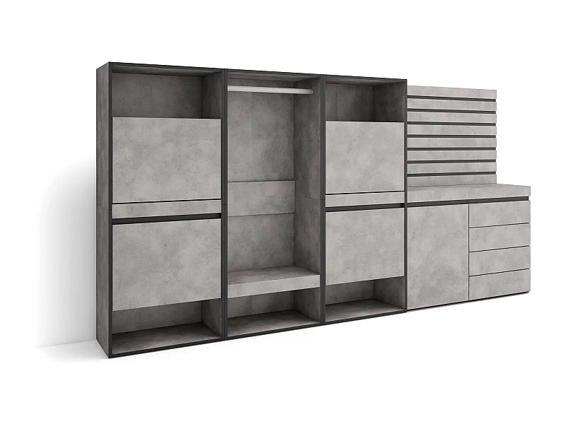 Meuble à Chaussures, 287x35x145 cm, Chambre à coucher, pièce, Vestiaire ouvert, Commode, Buffet, Panneaux Muraux en Bois, Ciment