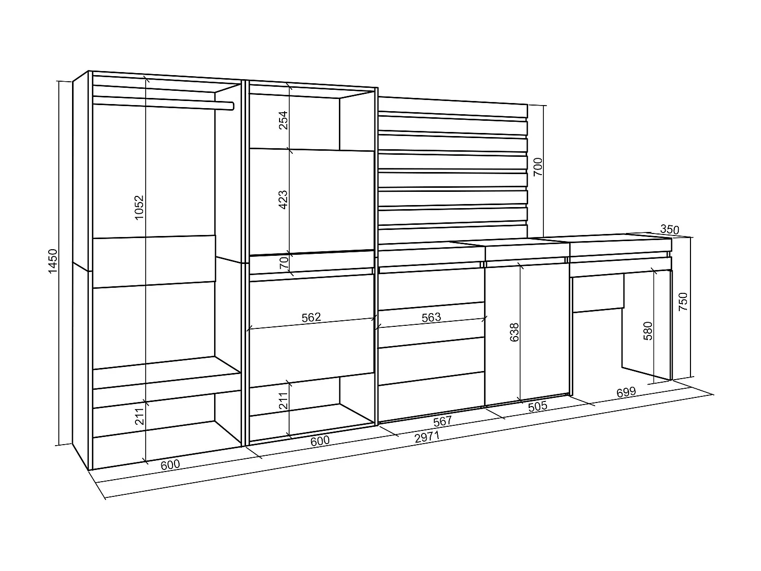 Meuble à Chaussures, 297x35x145 cm, Chambre à coucher, pièce, Vestiaire ouvert, Commode, Buffet, Panneaux Muraux en Bois, Coiffeuse, Chêne