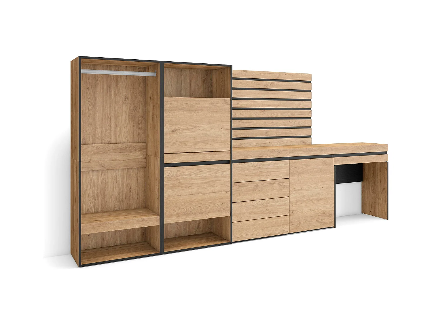 Meuble à Chaussures, 297x35x145 cm, Chambre à coucher, pièce, Vestiaire ouvert, Commode, Buffet, Panneaux Muraux en Bois, Coiffeuse, Chêne