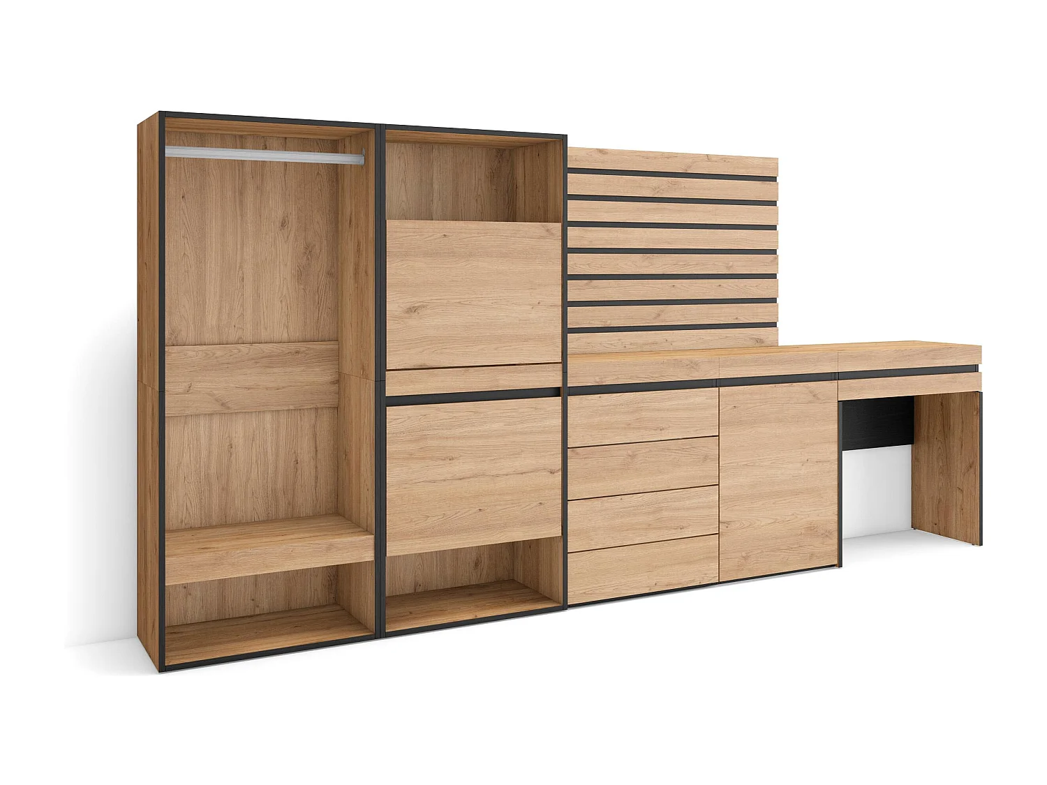 Sapateira, 297x35x145cm, Para quarto, dormitório, Roupeiro aberto, Cómoda, Tiras Deco. Madeira, Toucador, Carvalho