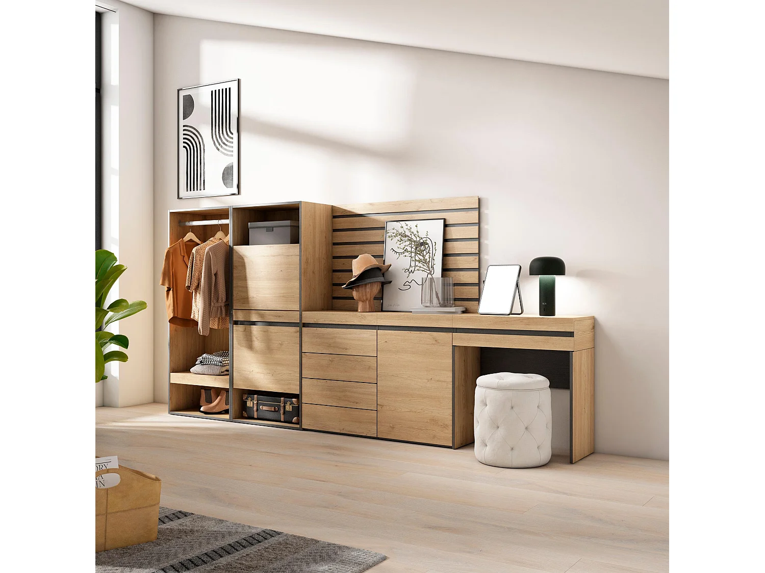 Meuble à Chaussures, 297x35x145cm, Chambre à coucher, pièce, Vestiaire ouvert, Commode, Buffet, Panneaux Muraux en Bois, Coiffeuse, Chêne