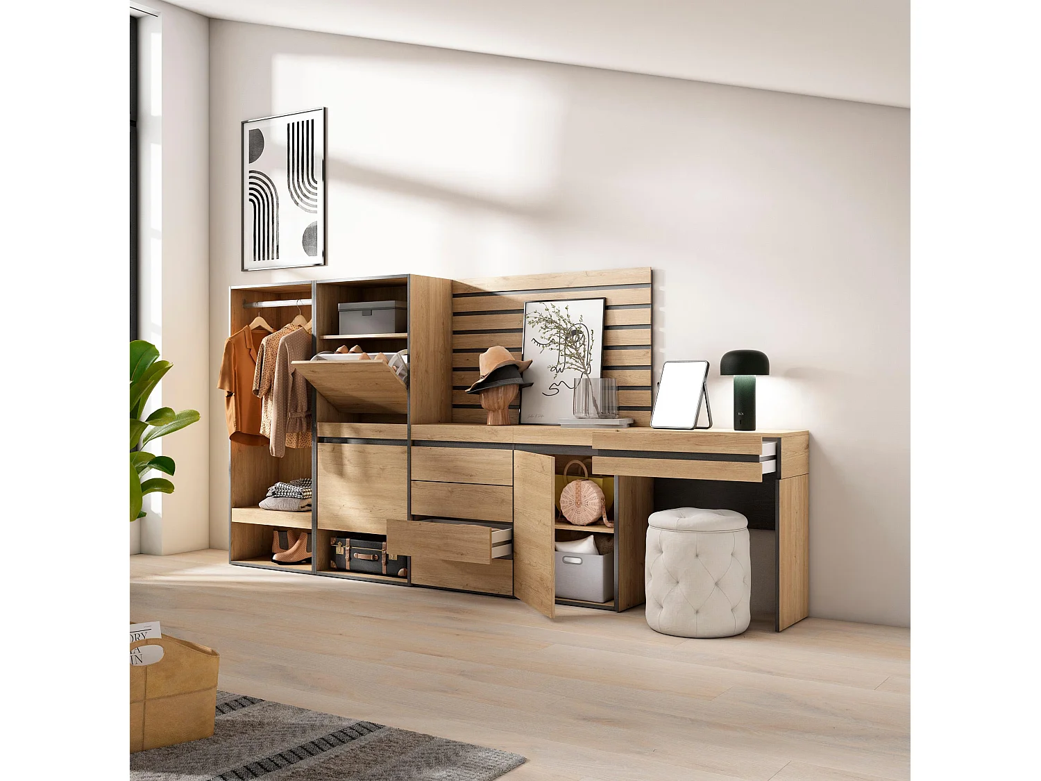 Meuble à Chaussures, 297x35x145cm, Chambre à coucher, pièce, Vestiaire ouvert, Commode, Buffet, Panneaux Muraux en Bois, Coiffeuse, Chêne
