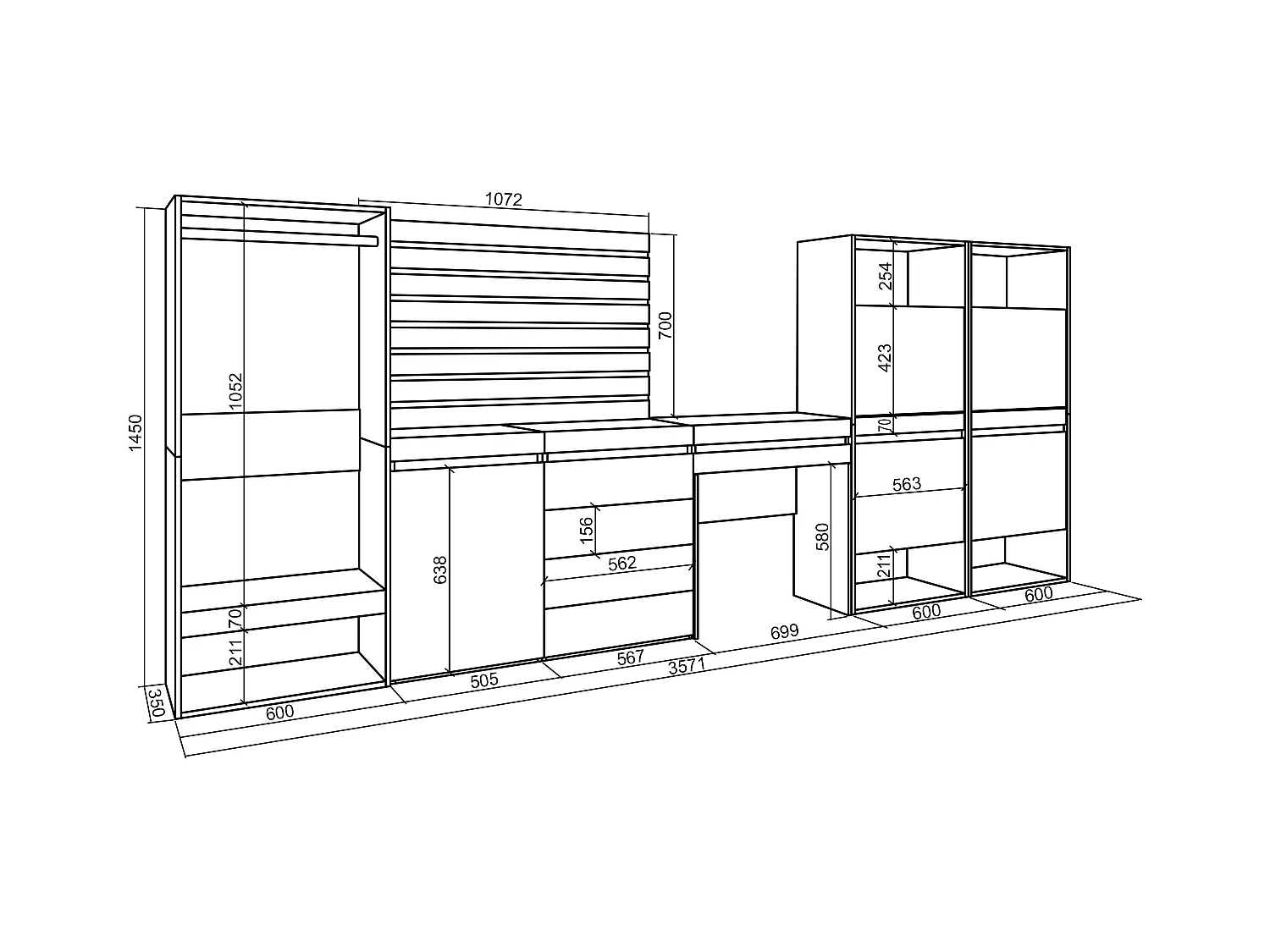 Schuhregal, Schuhschrank, 357x35x145cm, Für Schlafzimmer, Offener Kleiderschrank, Kommode mit Schubladen, Lamellenwand Holz, Schminktisch, Eiche