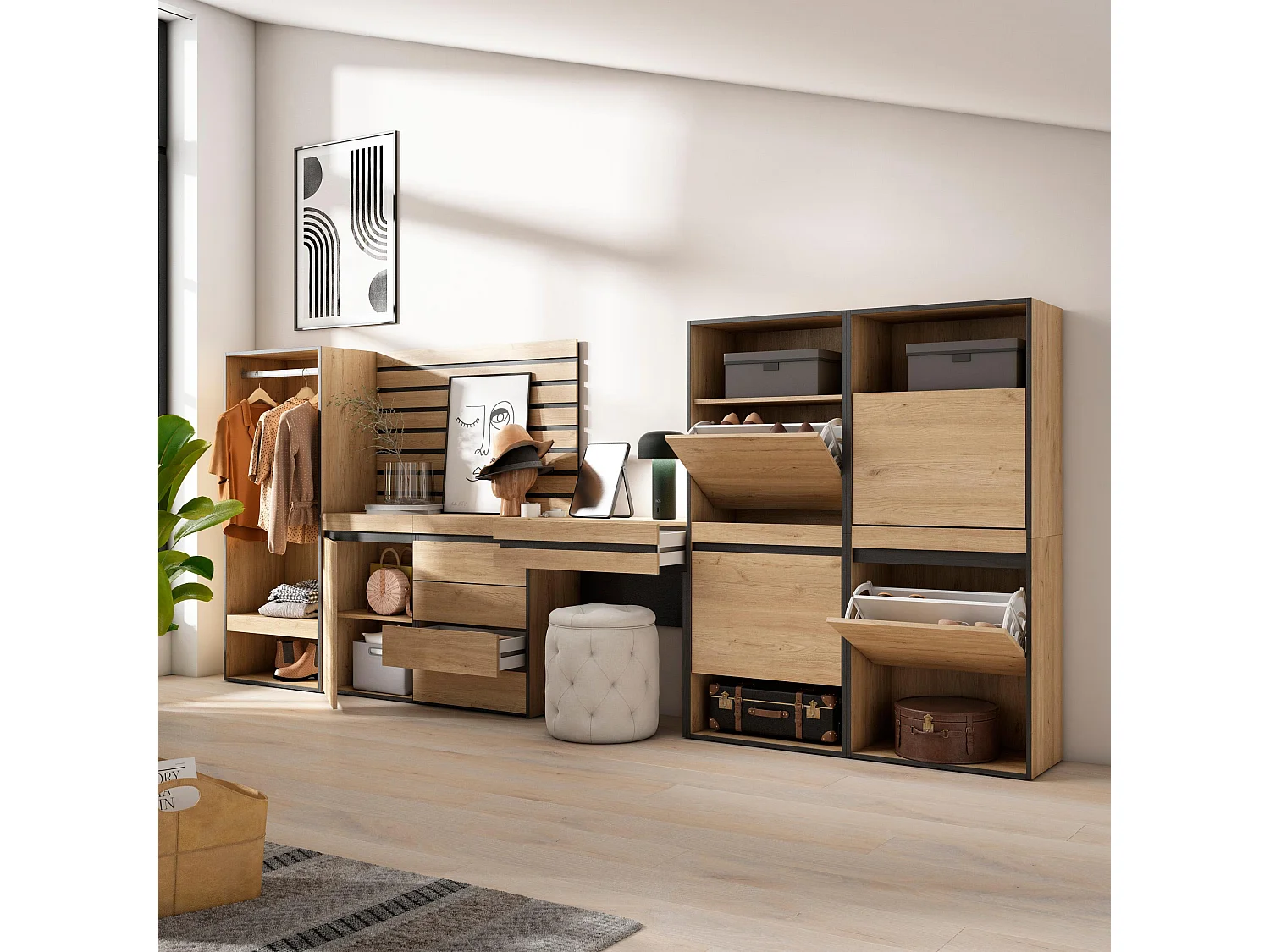 Meuble à Chaussures, 335x57x145 cm, Chambre à coucher, pièce, Vestiaire ouvert, Commode, Buffet, Panneaux Muraux en Bois, Coiffeuse, Chêne