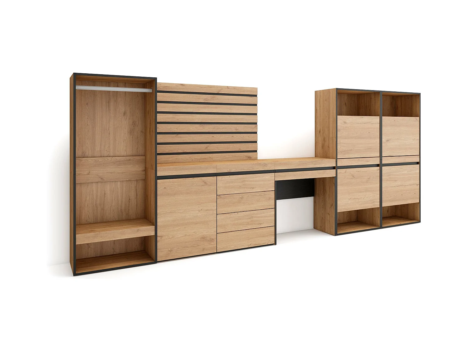 Meuble à Chaussures, 335x57x145 cm, Chambre à coucher, pièce, Vestiaire ouvert, Commode, Buffet, Panneaux Muraux en Bois, Coiffeuse, Chêne