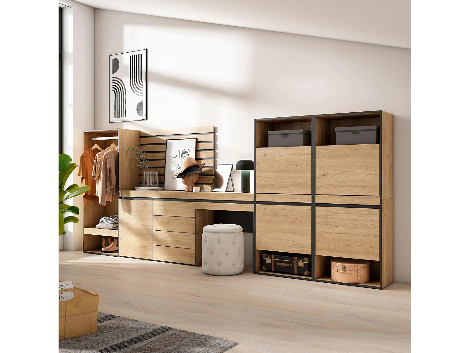 Sapateira, 335x57x145cm, Para quarto, dormitório, Roupeiro aberto, Cómoda, Tiras Deco. Madeira, Toucador, Carvalho