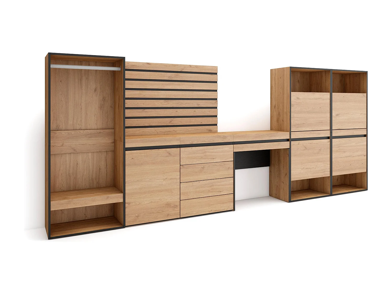 Sapateira, 335x57x145cm, Para quarto, dormitório, Roupeiro aberto, Cómoda, Tiras Deco. Madeira, Toucador, Carvalho