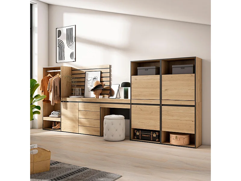 Sapateira, 335x57x145cm, Para quarto, dormitório, Roupeiro aberto, Cómoda, Tiras Deco. Madeira, Toucador, Carvalho