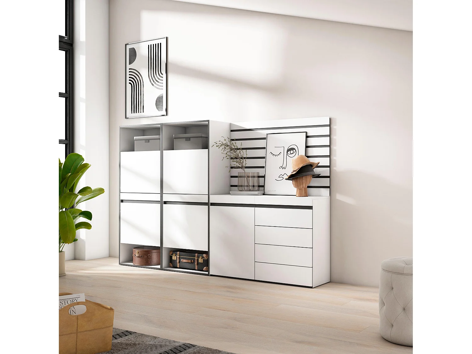 Meuble à Chaussures, 227x35x145cm, Chambre à coucher, pièce, Commode, Buffet, Panneaux Muraux en Bois, Blanc