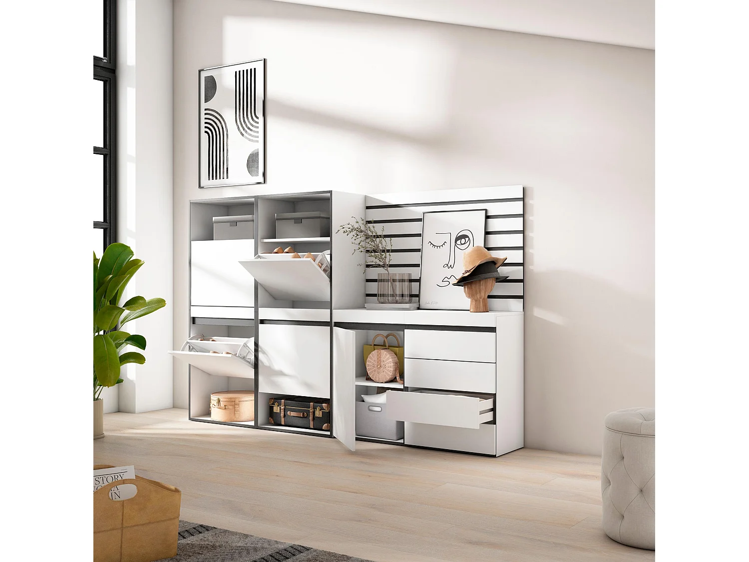Meuble à Chaussures, 227x35x145cm, Chambre à coucher, pièce, Commode, Buffet, Panneaux Muraux en Bois, Blanc