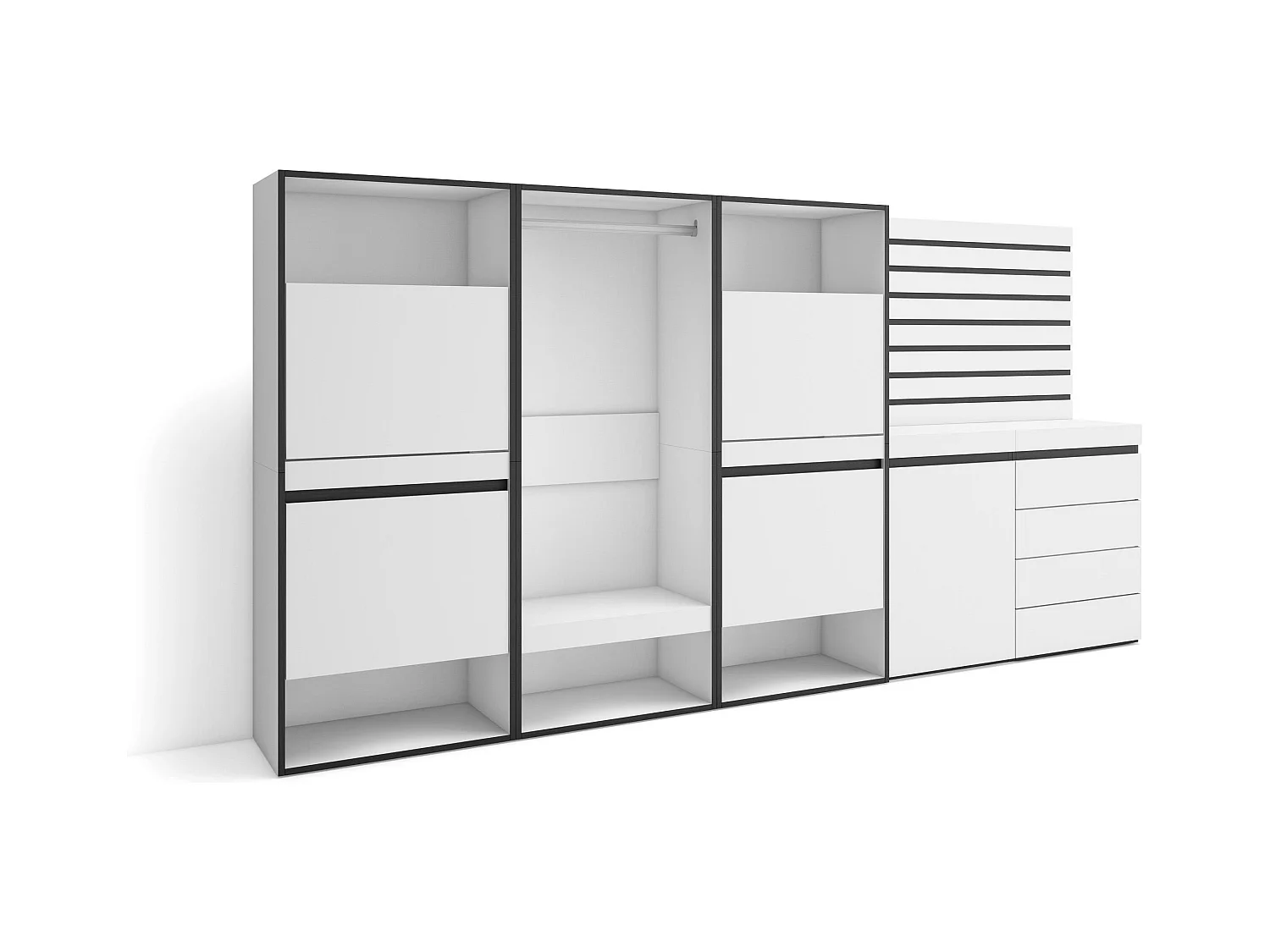 Scarpiera, 287x35x145cm, Camera da letto, stanza, Armadio Aperto, Cassettiera, Pannelli Decorativi, Bianco