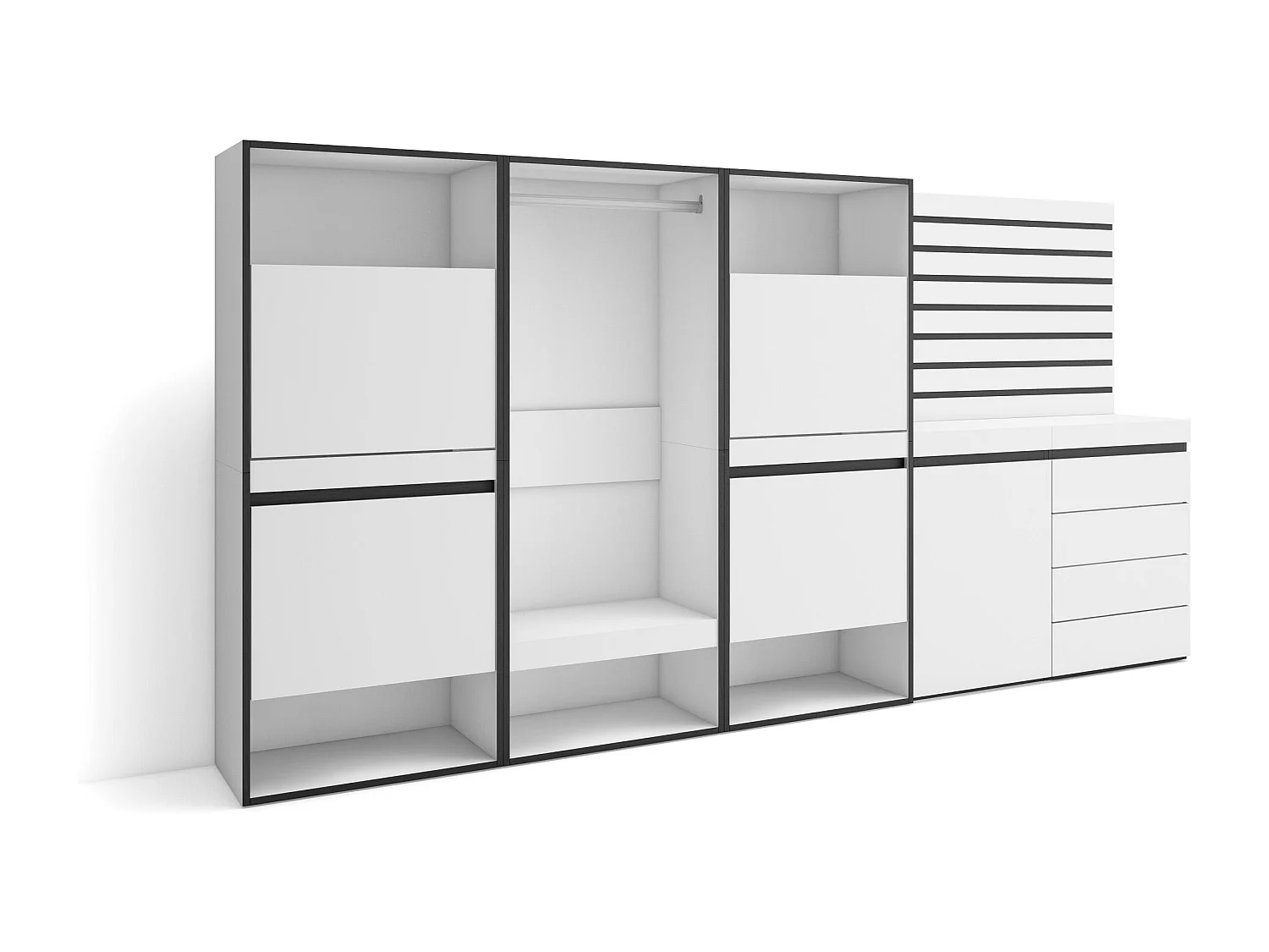 Sapateira, 287x35x145cm, Para quarto, dormitório, Roupeiro aberto, Cómoda, Tiras Deco. Madeira, Branco