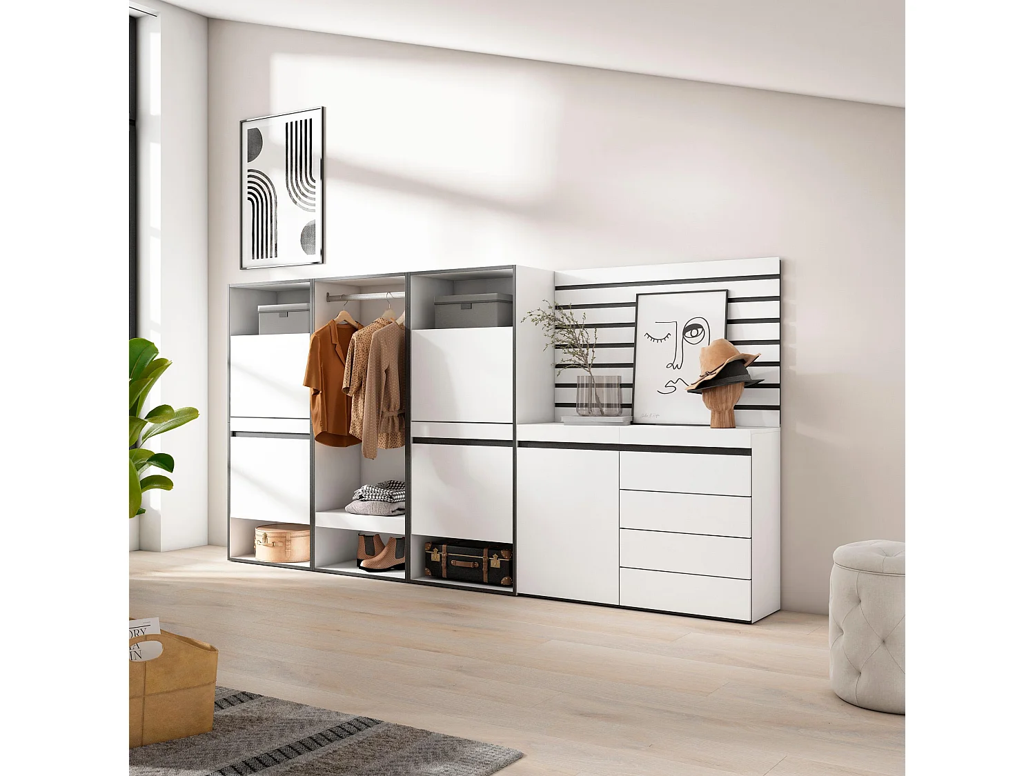 Sapateira, 287x35x145cm, Para quarto, dormitório, Roupeiro aberto, Cómoda, Tiras Deco. Madeira, Branco