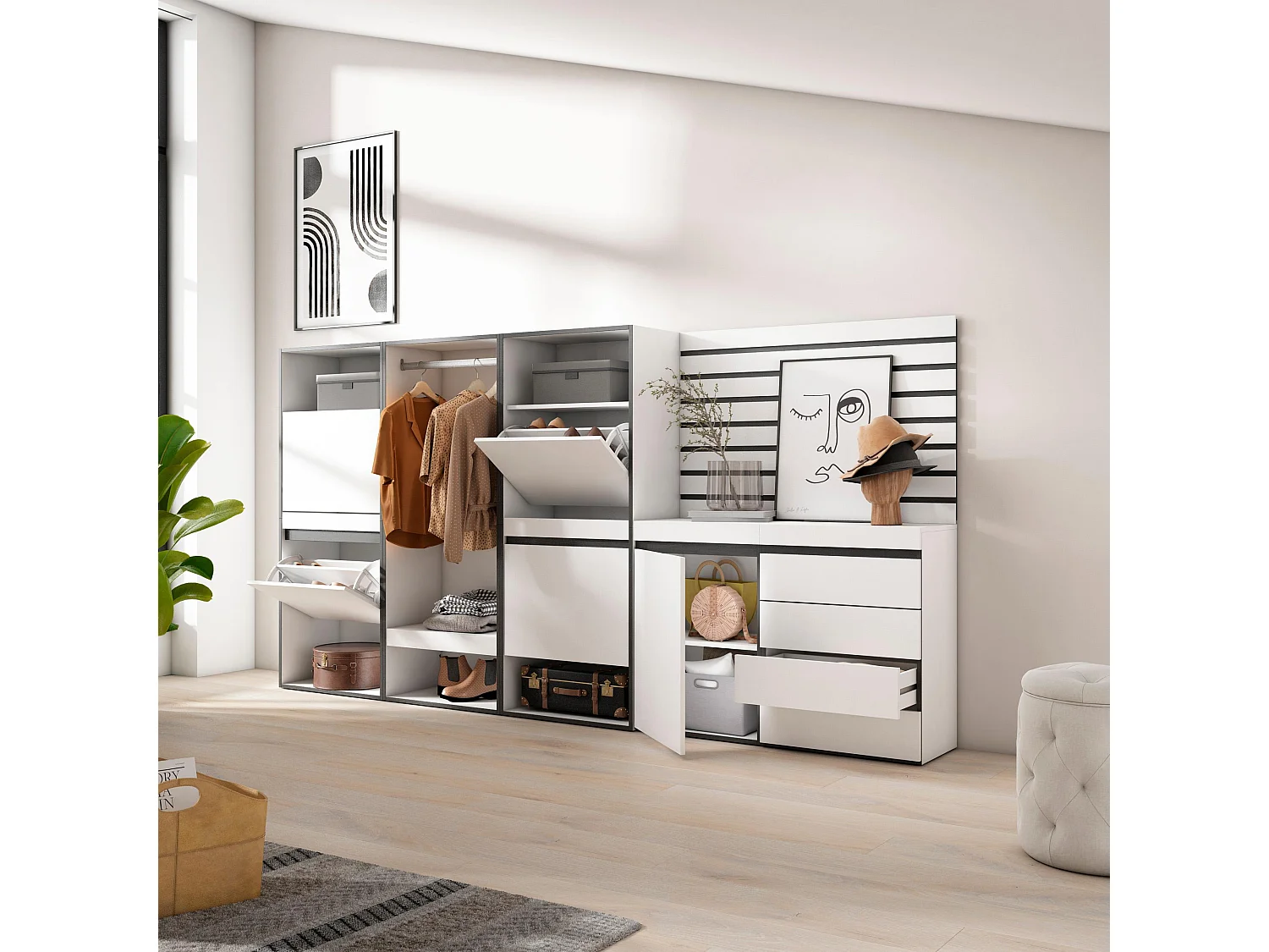 Sapateira, 287x35x145cm, Para quarto, dormitório, Roupeiro aberto, Cómoda, Tiras Deco. Madeira, Branco