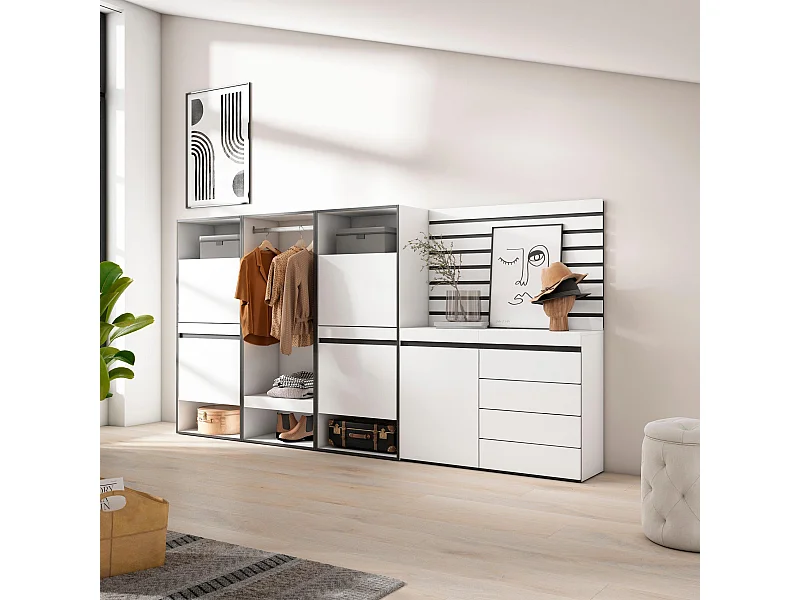 Meuble à Chaussures, 287x35x145 cm, Chambre à coucher, pièce, Vestiaire ouvert, Commode, Buffet, Panneaux Muraux en Bois, Blanc