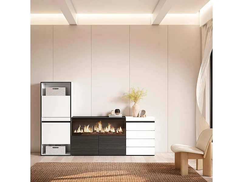 Sapateira, 224x35x145cm, Para quarto, dormitório, Lareira eléctrica XXL, Cómoda, Branco