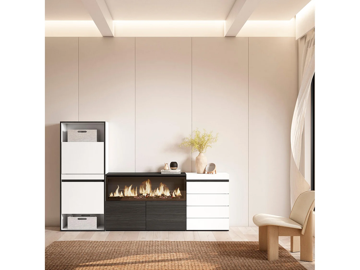 Meuble à Chaussures, 224x35x145 cm, Chambre à coucher, pièce, Cheminée électrique XXL, Commode, Buffet, Blanc