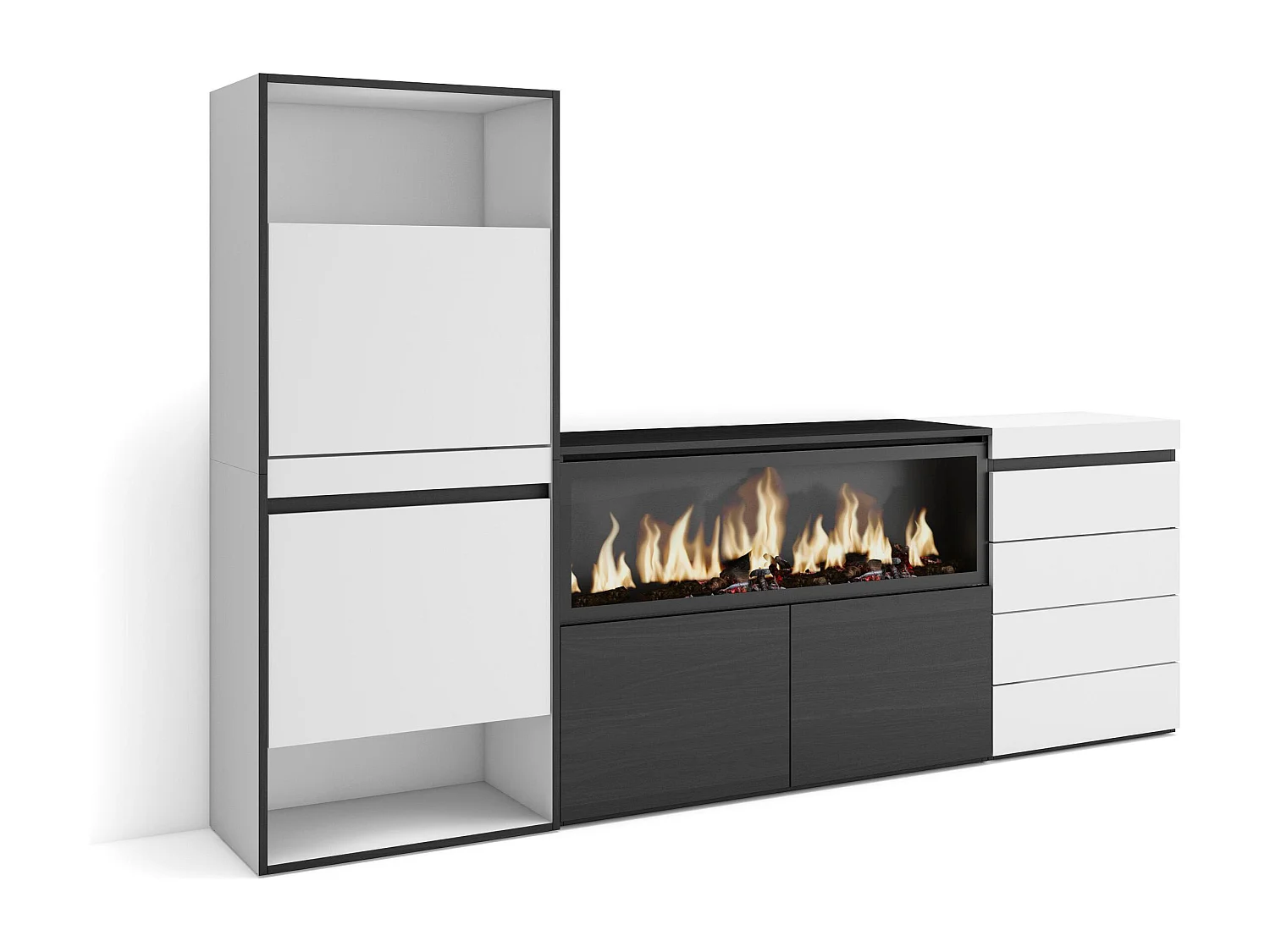 Meuble à Chaussures, 224x35x145 cm, Chambre à coucher, pièce, Cheminée électrique XXL, Commode, Buffet, Blanc