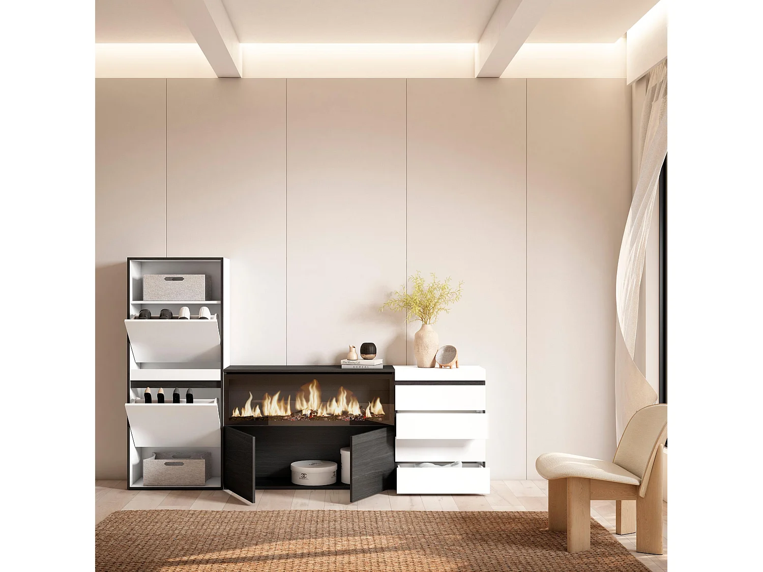 Meuble à Chaussures, 224x35x145 cm, Chambre à coucher, pièce, Cheminée électrique XXL, Commode, Buffet, Blanc