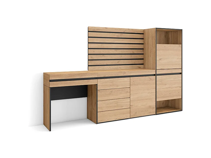 Schuhregal, Schuhschrank, 237x35x145cm, Für Schlafzimmer, Kommode mit Schubladen, Lamellenwand Holz, Schminktisch, Eiche