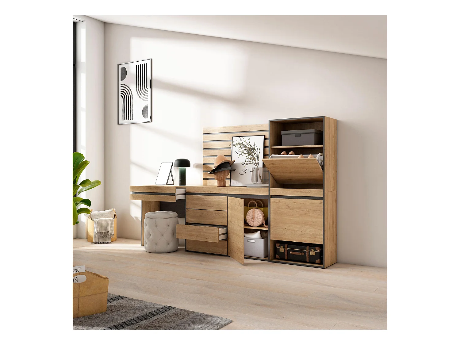 Meuble à Chaussures, 237x35x145 cm, Chambre à coucher, pièce, Commode, Buffet, Panneaux Muraux en Bois, Coiffeuse, Chêne