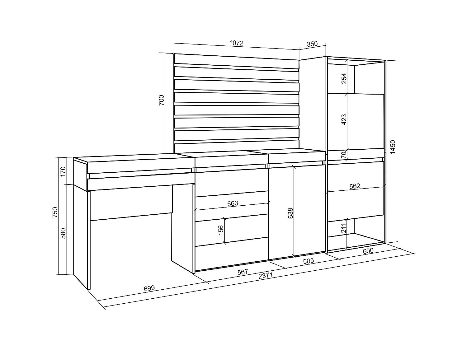 Meuble à Chaussures, 237x35x145 cm, Chambre à coucher, pièce, Commode, Buffet, Panneaux Muraux en Bois, Coiffeuse, Chêne