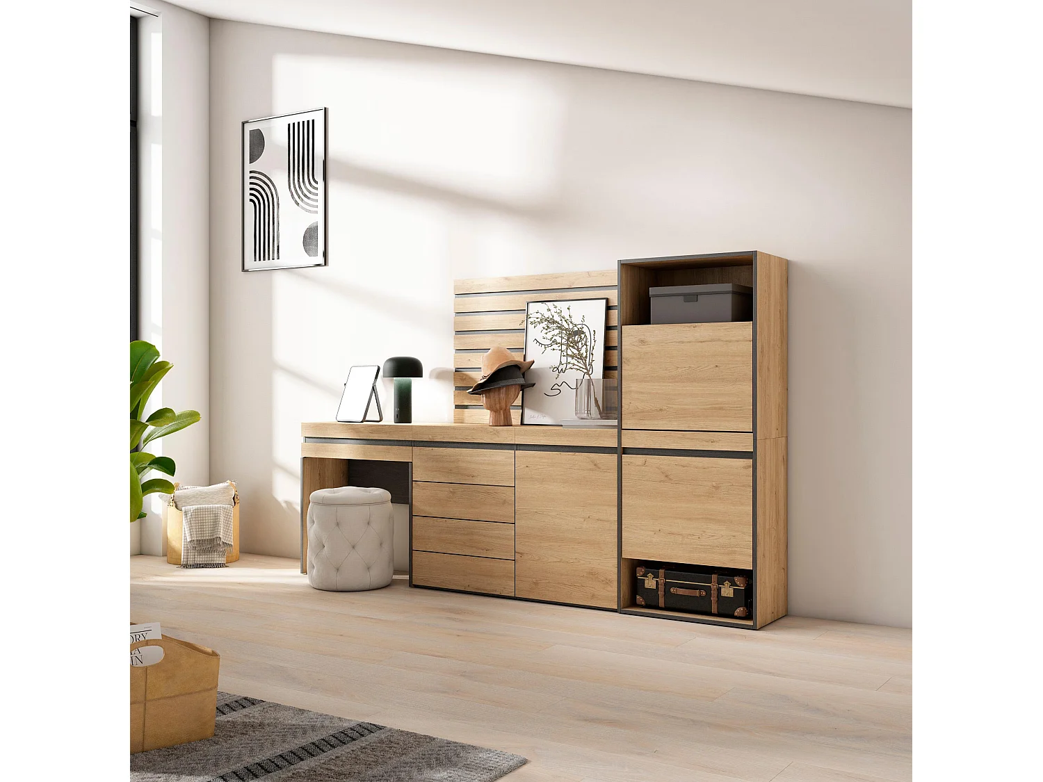 Meuble à Chaussures, 237x35x145cm, Chambre à coucher, pièce, Commode, Buffet, Panneaux Muraux en Bois, Coiffeuse, Chêne