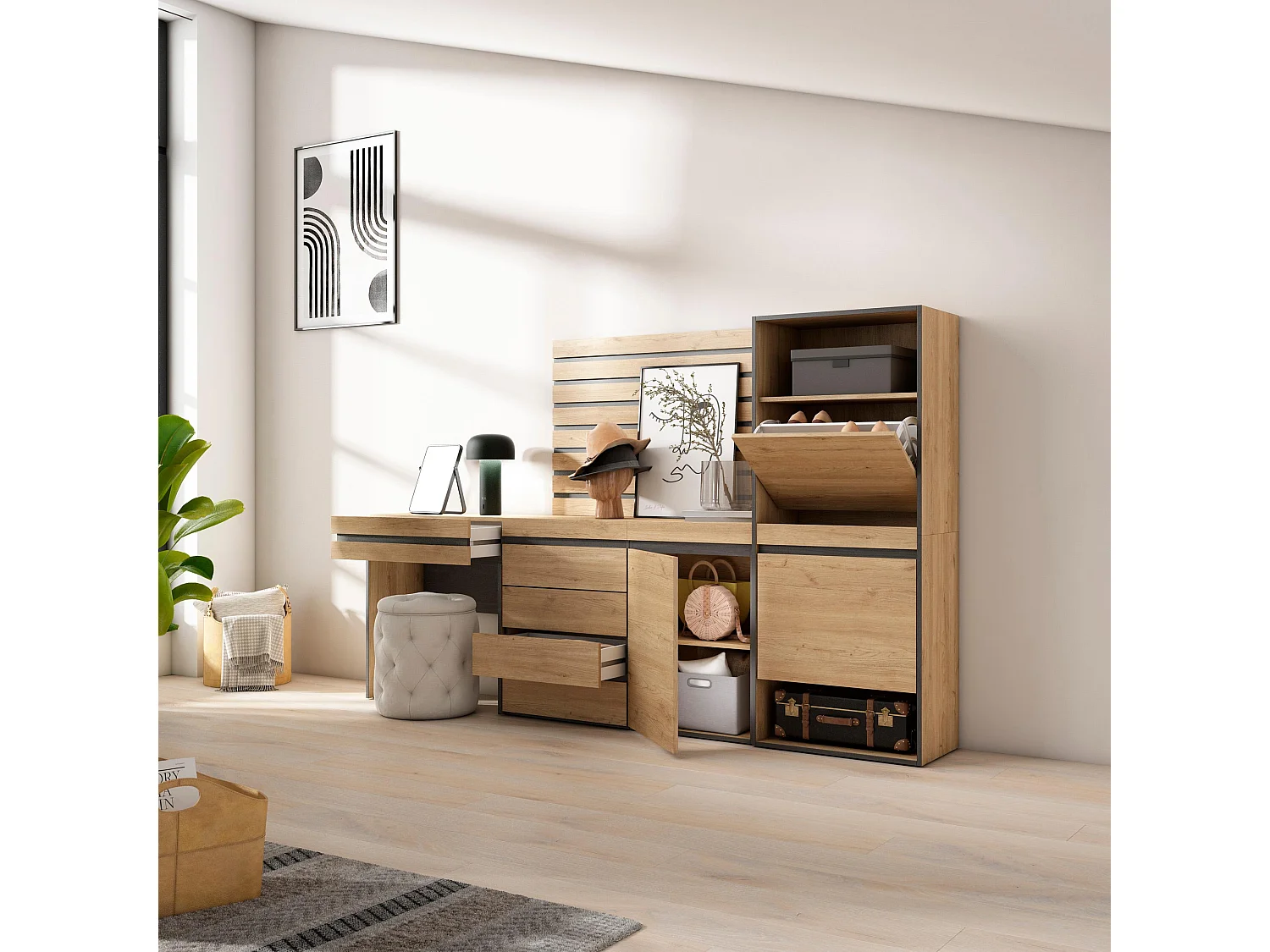 Meuble à Chaussures, 237x35x145cm, Chambre à coucher, pièce, Commode, Buffet, Panneaux Muraux en Bois, Coiffeuse, Chêne