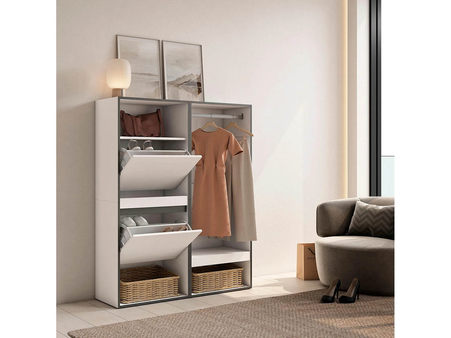 Meuble à Chaussures, 120x35x145 cm, Chambre à coucher, pièce, Vestiaire ouvert, Blanc