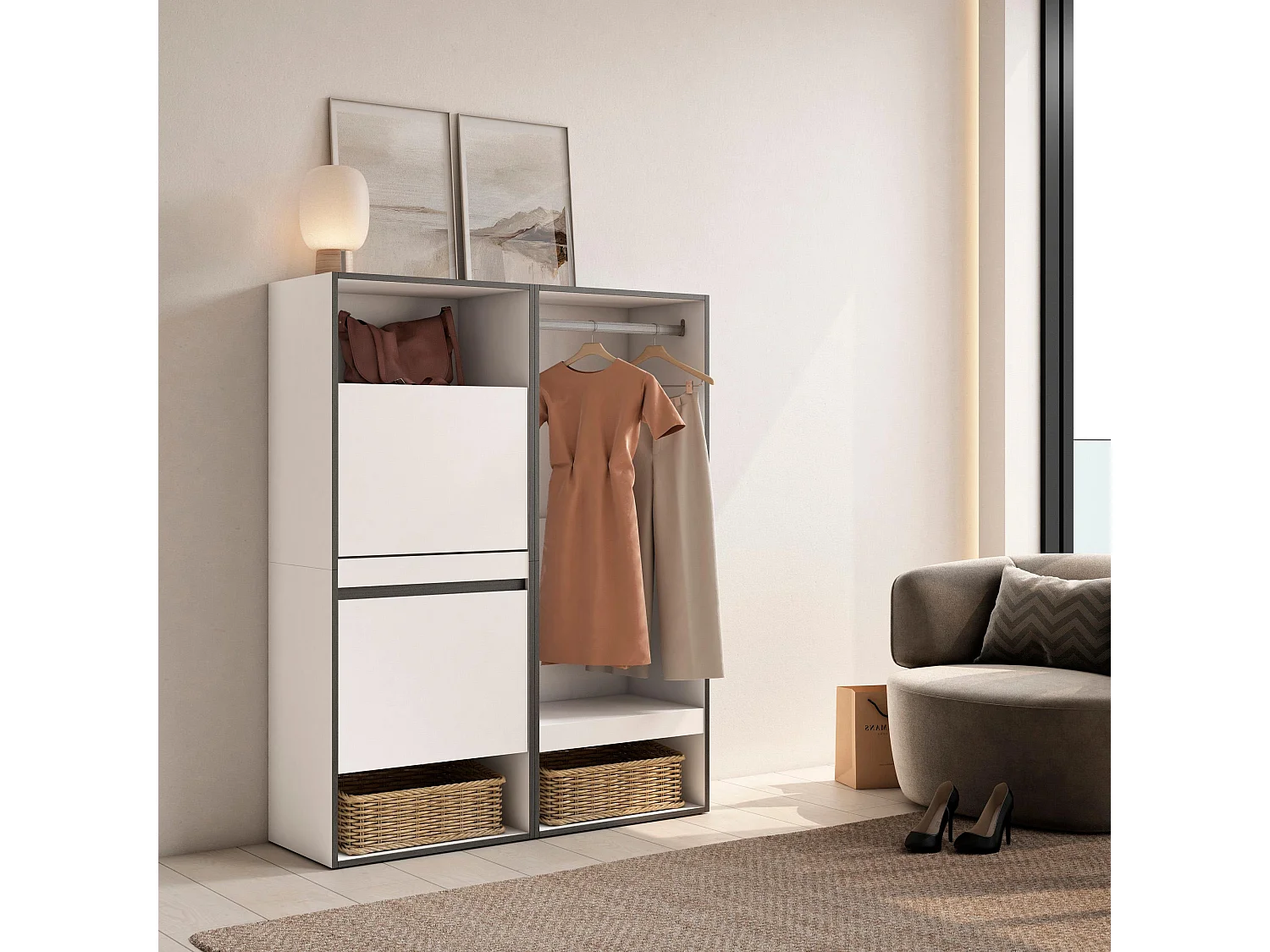 Zapatero, 120x35x145cm, Dormitorio, habitación, Vestidor abierto, Blanco