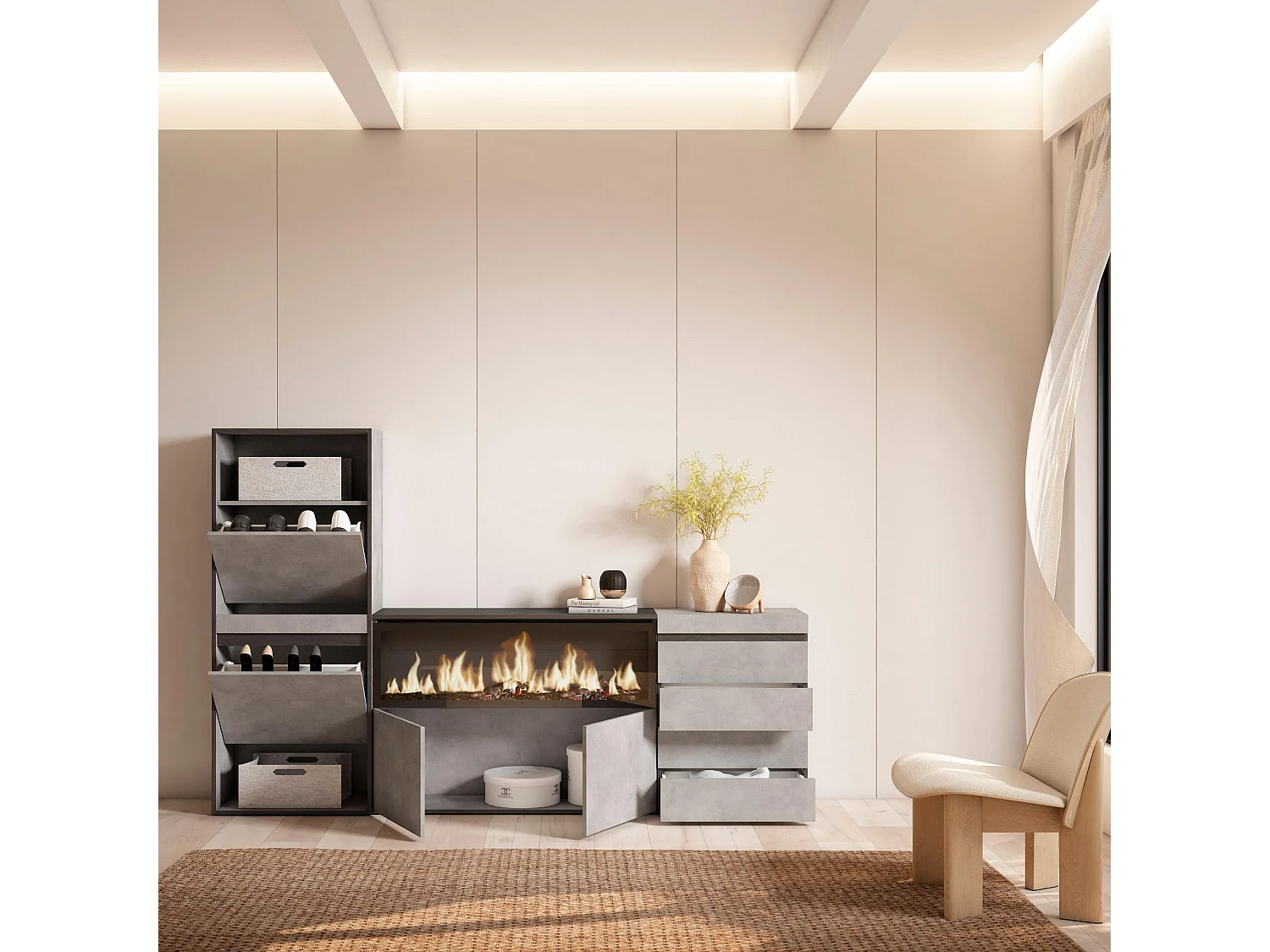 Meuble à Chaussures, 224x35x145 cm, Chambre à coucher, pièce, Cheminée électrique XXL, Commode, Buffet, Ciment