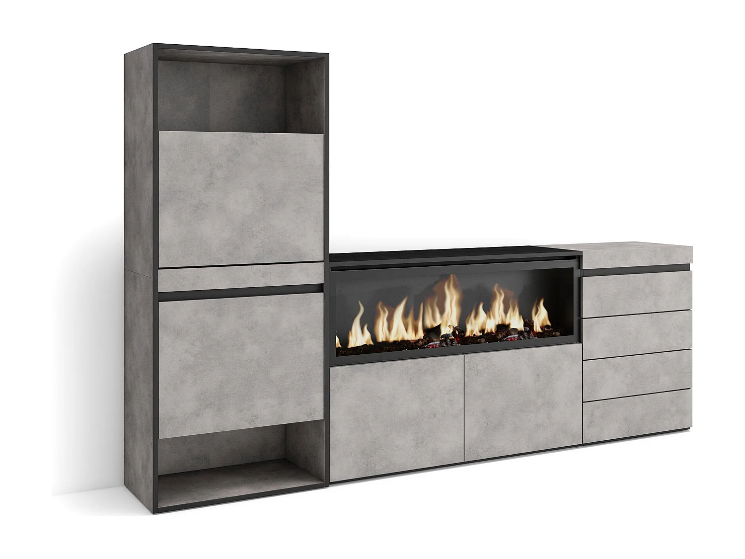 Schoenenkast, 224x35x145cm, Voor slaapkamer, kamer, Elektrische haard XXL, Ladekast, Commode, Cement