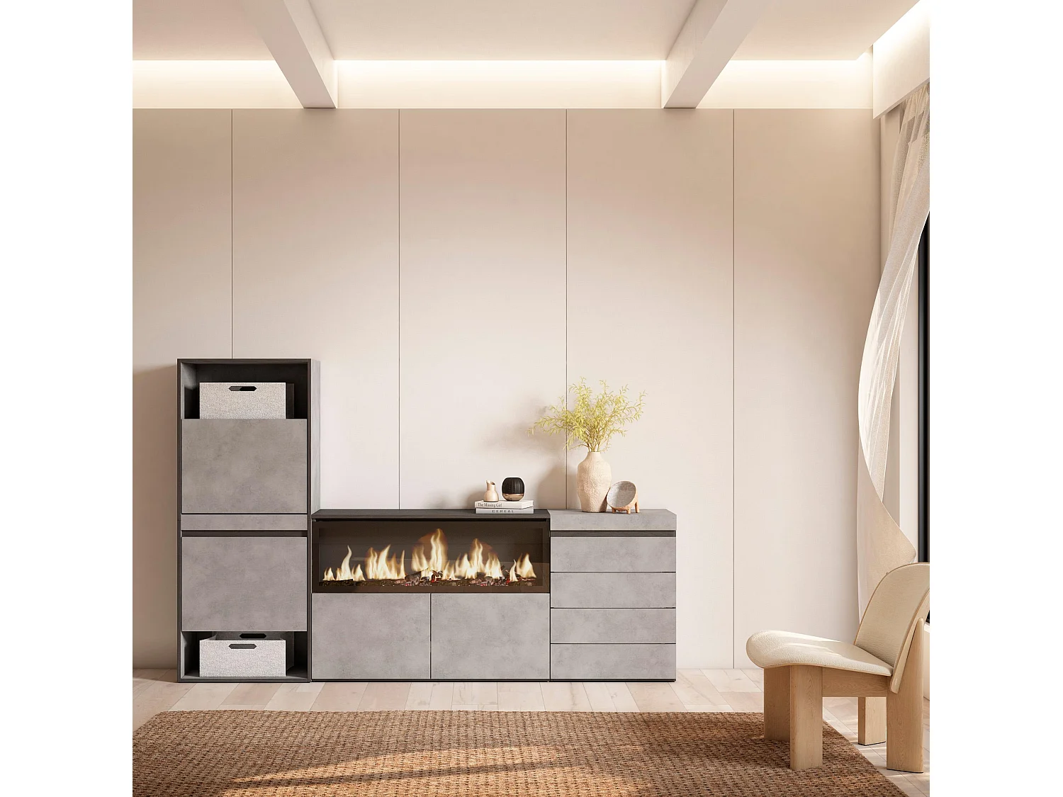 Meuble à Chaussures, 224x35x145cm, Chambre à coucher, pièce, Cheminée électrique XXL, Commode, Buffet, Ciment