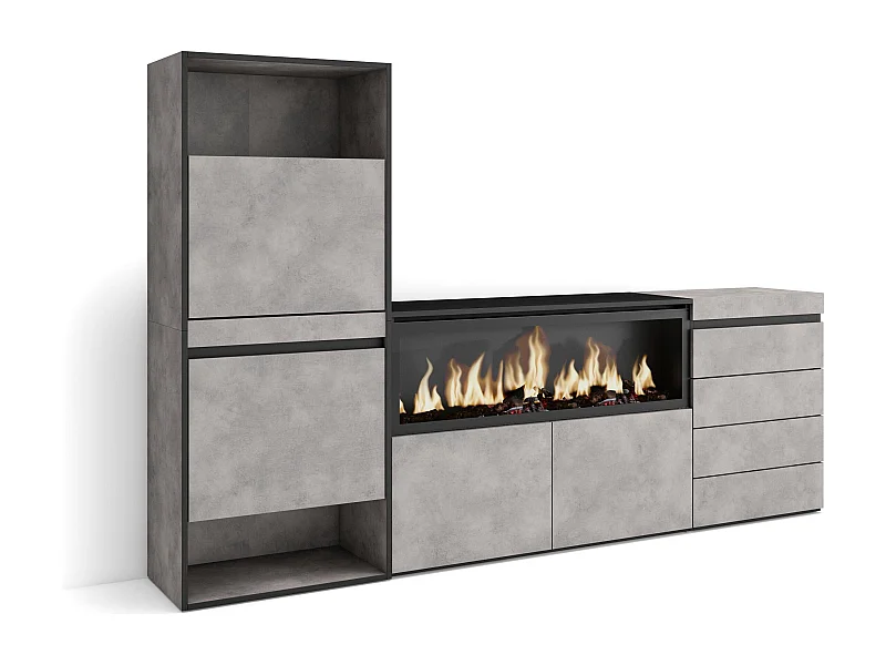 Sapateira, 224x145x35 cm, Para quarto, dormitório, Lareira eléctrica XXL, Cómoda, Cimento