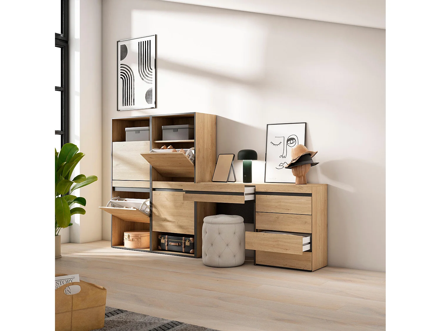 Meuble à Chaussures, 247x35x145 cm, Chambre à coucher, pièce, Commode, Buffet, Coiffeuse, Chêne