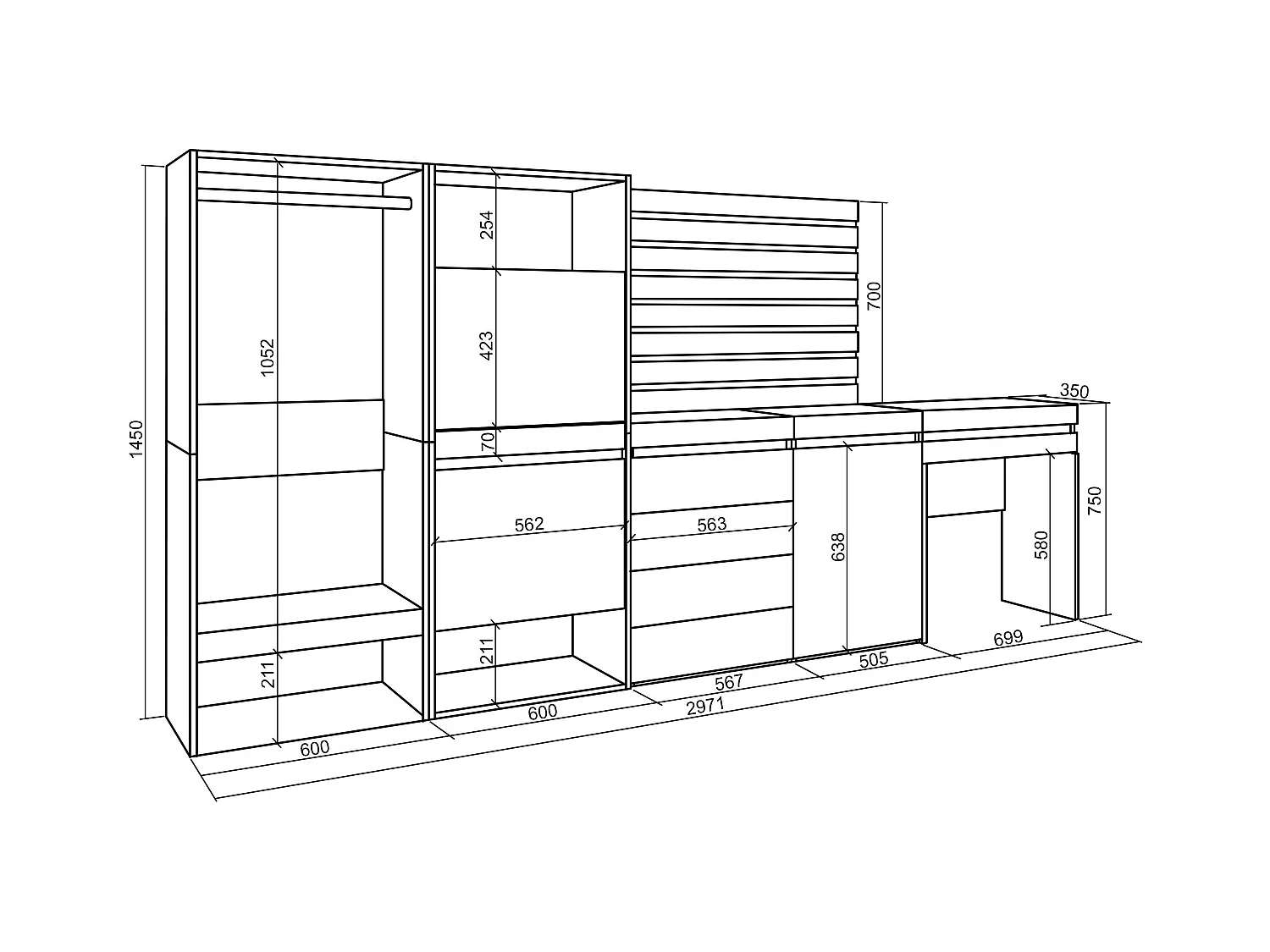 Meuble à Chaussures, 297x35x145 cm, Chambre à coucher, pièce, Vestiaire ouvert, Commode, Buffet, Panneaux Muraux en Bois, Coiffeuse, Blanc