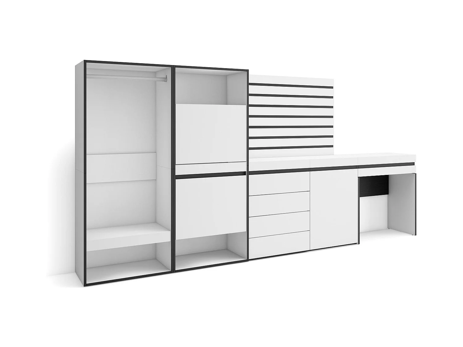 Meuble à Chaussures, 297x35x145 cm, Chambre à coucher, pièce, Vestiaire ouvert, Commode, Buffet, Panneaux Muraux en Bois, Coiffeuse, Blanc