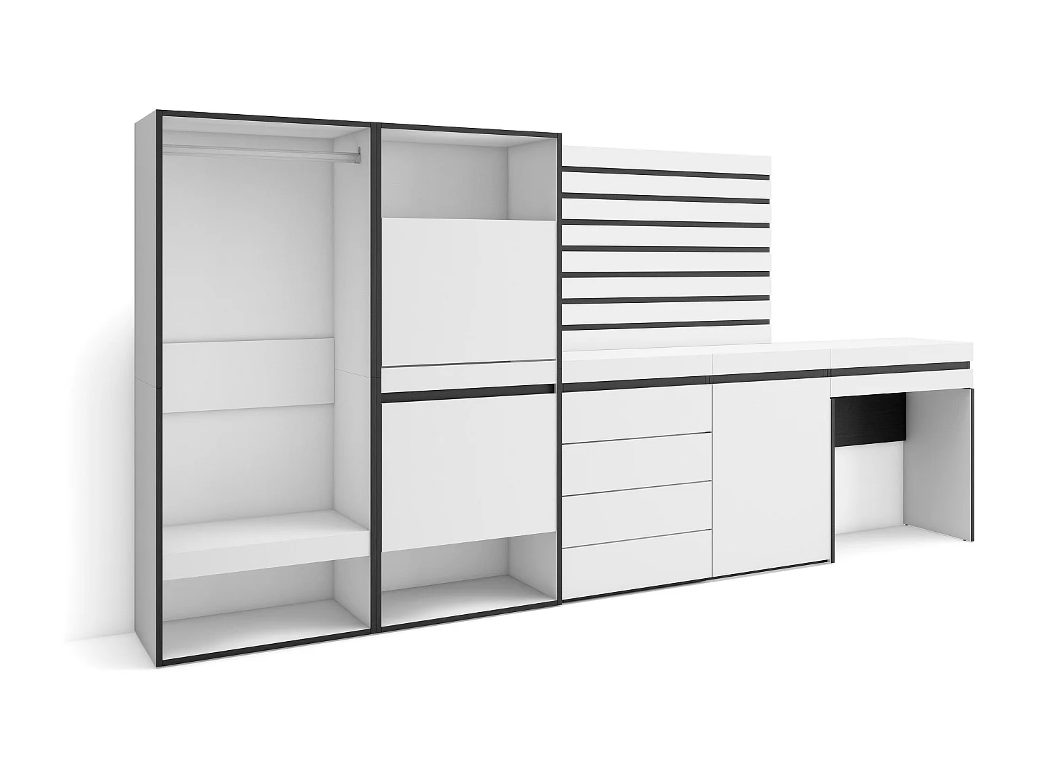 Meuble à Chaussures, 297x35x145cm, Chambre à coucher, pièce, Vestiaire ouvert, Commode, Buffet, Panneaux Muraux en Bois, Coiffeuse, Blanc
