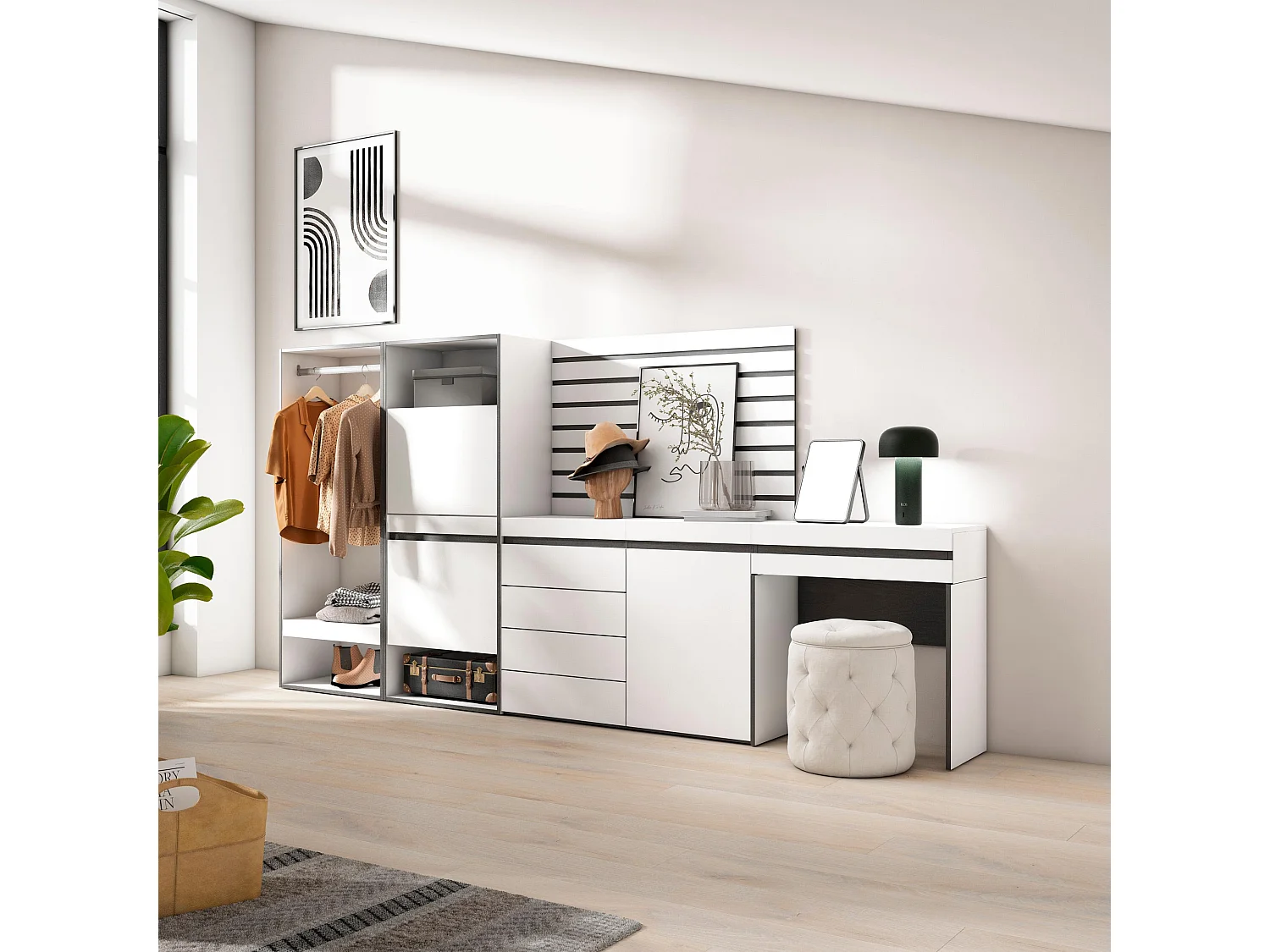 Meuble à Chaussures, 297x35x145cm, Chambre à coucher, pièce, Vestiaire ouvert, Commode, Buffet, Panneaux Muraux en Bois, Coiffeuse, Blanc